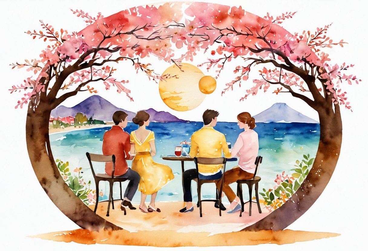 A beautifully illustrated globe encircled by diverse couples, each embodying different cultures and love stories, with vibrant scenes of romance from various countries such as a sunset beach in the Caribbean, cherry blossoms in Japan, and a cozy café in Paris. Soft, warm colors merge to create a loving atmosphere, emphasizing connection and unity. watercolor style. vibrant colors.