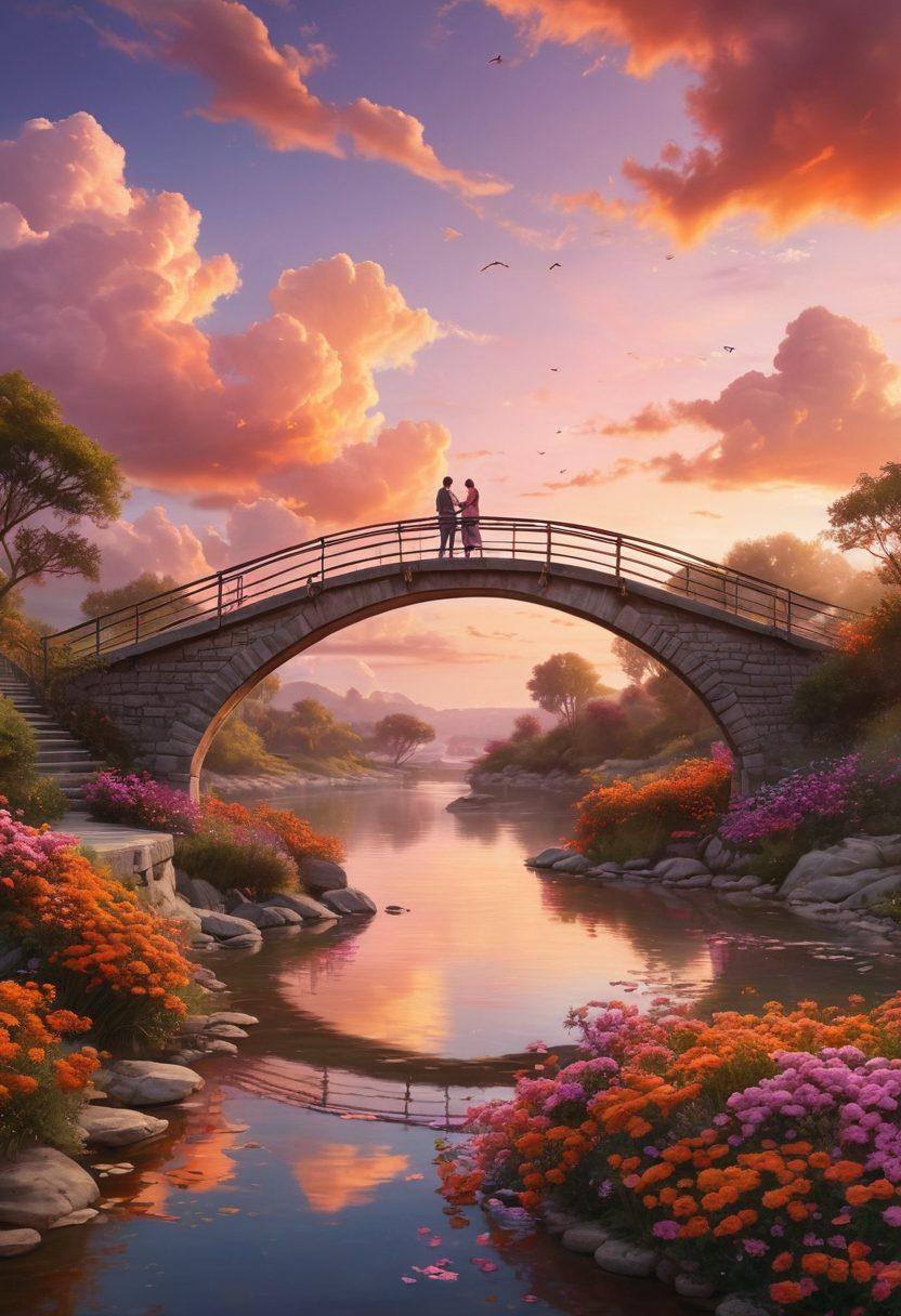 A romantic, dreamy landscape showcasing a couple linked by a heart-shaped bridge, symbolizing their journey from distance to closeness. In the background, a sunset paints the sky in rich oranges and pinks, while soft clouds float above. The scene captures an essence of warmth, love, and deep connections, with delicate flowers blooming along the bridge. super-realistic. vibrant colors. romantic atmosphere.
