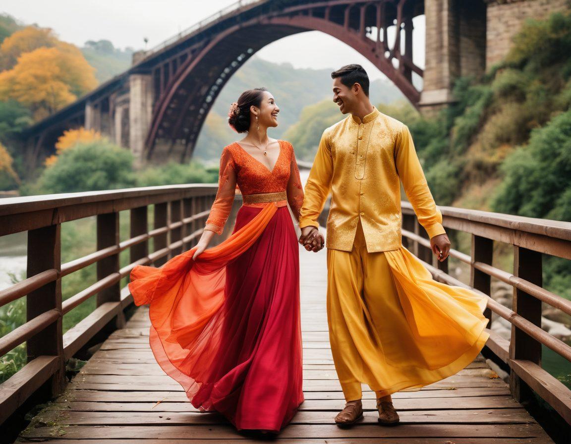 A vibrant collage showcasing diverse couples from different cultures, each immersed in a heartfelt moment—sharing a laugh, holding hands, or dancing. Incorporate elements reflecting their unique backgrounds, such as traditional attire and cultural symbols, set against a dreamy, romantic backdrop of bridges connecting landscapes. The image should evoke warmth and connection, celebrating love's power to transcend boundaries. bright, ethereal colors. layered textures. surrealistic.